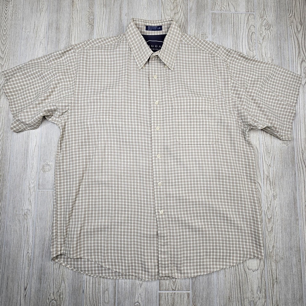 Haggar Shirt Mens Large Beige Brown Plaid Button Up Short Sleeve Casual Cotton
